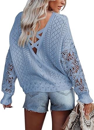 Photo 1 of AlvaQ Women V Back Criss Cross Sweater Casual Loose Crewneck Lace Sleeve Knit Pullover Jumper Tops 