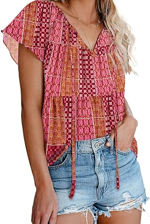 Photo 1 of FARYSAYS Women's 2023 Summer Boho Tops Floral Print V Neck Short Sleeve Casual Loose Blouses Shirts 