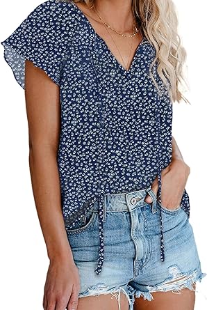 Photo 1 of FARYSAYS Women's 2023 Summer Boho Tops Floral Print V Neck Short Sleeve Casual Loose Blouses Shirts 