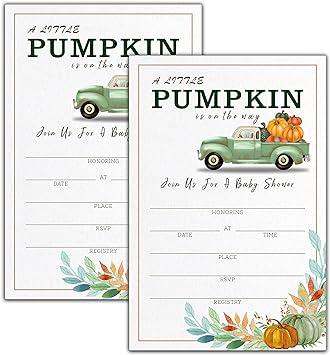 Photo 1 of Baby Shower Invitations and Envelopes, Green Truck Pumpkin Baby Shower Invitations, Fall Thanksgiving Baby Shower Gender Reveal Party Supplies 25 Cards With Envelopes -(017bbyaoqing) 