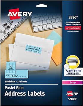 Photo 1 of Avery Printable Address Labels with Sure Feed, 1" x 2-5/8", Pastel Blue, 750 Blank Mailing Labels (5980) 