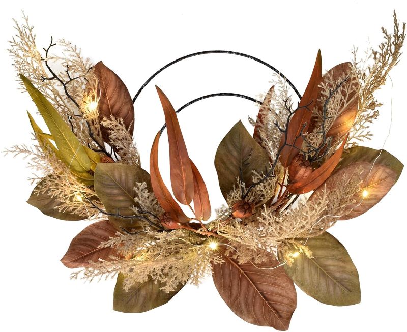 Photo 1 of 24" Fall Wreaths with Led for Front Door Outside Decor Plastic Rattail Grass, Magnolia Leaves