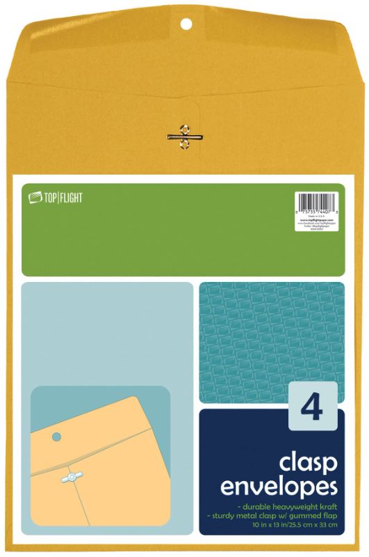 Photo 1 of Top Flight Clasp Envelopes, Gummed and Clasped Closure, 10 x 13 Inches, Brown Kraft, 4 Envelopes per Pack (6911021)