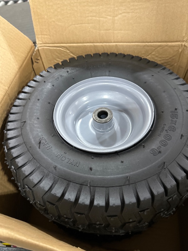 Photo 1 of (2 Pack) 15 x 6.00-6 Tire and Wheel Set - for Lawn Tractors with 3” Centered Hub and 3/4" Sintered iron bushings
