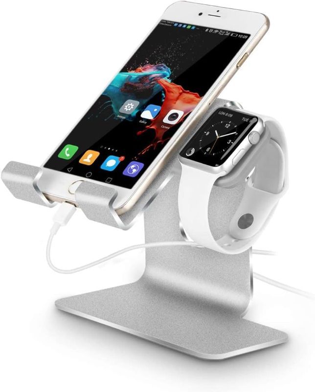 Photo 1 of Tranesca 2 in 1 Charging Stand Compatible with Apple Watch Series Ultra2/Ultra/9/8/7/6/5/4/3/2/1/SE (38mm/40mm/41mm/42mm/44mm/45mm/49mm) and Compatible with iPhone of All Series - Silver Grey