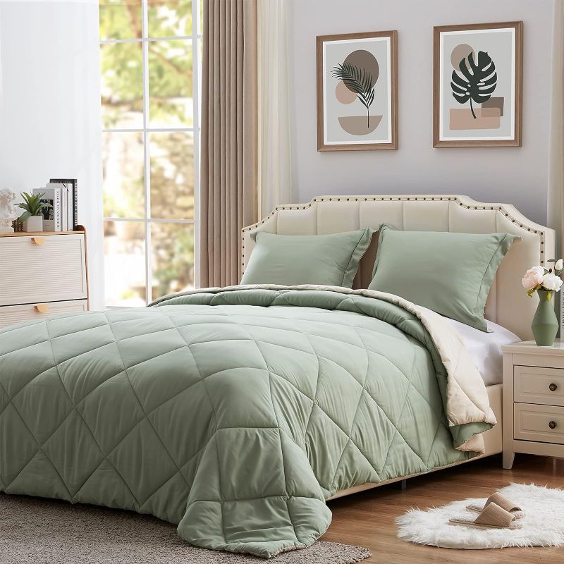 Photo 1 of  Lightweight Comforter Set Twin Size, Down Alternative Solid Comforter Set Thin Microfiber Autumn Spring Summer Winter Bedding Comforter with 1 Pillow Sham (Twin/Twin XL, Sage Green/Beige