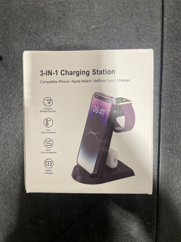 Photo 2 of Anirun Charging Station for Multiple Devices Apple, 3 in 1 Charging Station Apple for iPhone Series, Apple Watch Series and Airpods Charging, with 18W Adapter Black-New