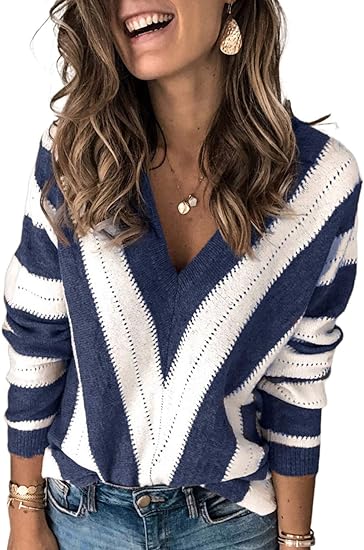 Photo 1 of Asvivid Women's 2023 Spring Long Sleeve V Neck Color Block Striped Pullover Sweater Tops - SMALL 
