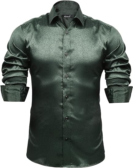 Photo 1 of Alizeal Mens Shiny Satin Luxury Jacquard Business Casual Long Sleeve Button Down Shirt - MEDIUM 
