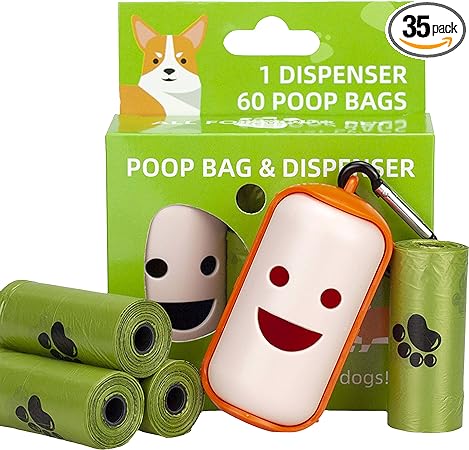 Photo 1 of Cute Happy Dog Poop Bag with Dispenser Leash Clip Poop Scooper Pet Supply Waste Holder Carrier 4Rolls Leak-Proof for Doggie (Yellow)
