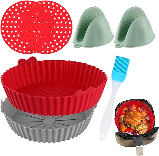 Photo 1 of 10 inch Air Fryer Silicone Liners Kit 2 Pack 10 inch Silicone Air Fryer Basket 2 Pack Oil Brush Silicone Hands 2 Pack Air Fryer Silicone Tray Accessories Reusable Silicone Air Fryer Liners Inserts Set
