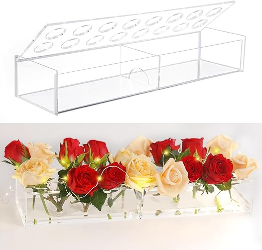 Photo 1 of 
SUTINE Acrylic Flower Vase Rectangular, 15.7 Inch Flip Top Acrylic Vase for Flowers with LED Lights, Clear Modern Vases Low Floral Centerpieces for Wedding Party Dining Table Home Decor (16 Holes)
