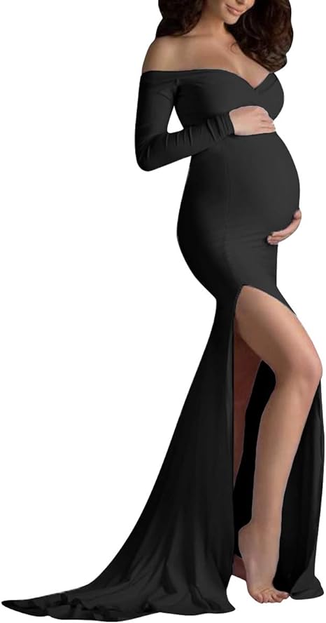 Photo 1 of [Size L] Parnixs Fashion Maternity Dress Maternity Off Shoulder Dress Simple Design- Black