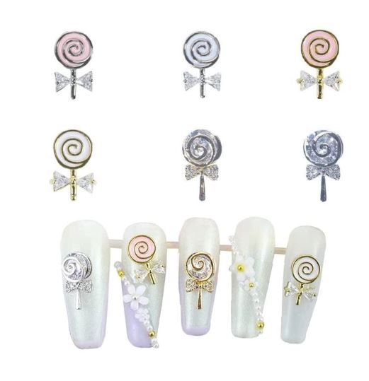 Photo 1 of 6 PCS Lollipop Nail Charms 3D Colorful Metal Jewelry Diamonds Nail Art Charm, Shiny Zircon Alloy Lollipop Jewelry for Nail Art Decoration Accessories Supplies