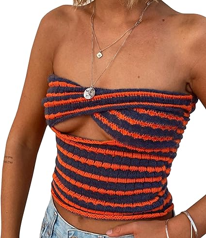 Photo 1 of [Size S] Bairmild Women's Striped Twist Front Knit Tube Top Sexy Strapless Cutout Crop Tank Sleeveless Slim Fit Bandeau Crochet Top Medium Blue&Orange