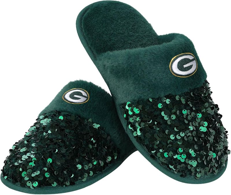 Photo 1 of [Size L] FOCO Women's NFL Team Logo Ladies Sequin Fashion Slippers 9-1957 Team Color- Green Bay Packers