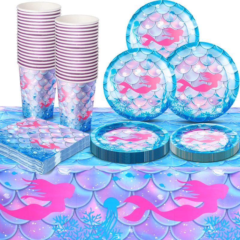 Photo 1 of 122 Pcs Mermaid Party Tableware Serves 24 Guests Mermaid Party Decoration Plates Napkins Cups Supplies Set Plastic Tablecloth Decorations Disposable for Girls Princess Themed Birthday (Mermaid Style)