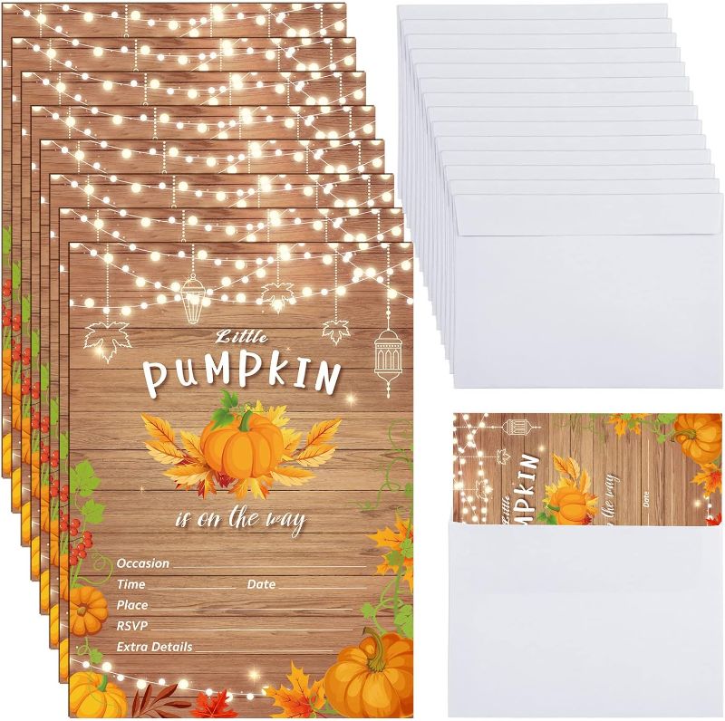 Photo 1 of 25 Sets Little Pumpkin Invitations with Envelopes Autumn Pumpkin Invites Rustic Pumpkin Baby Shower Invitations Fall Themed Invitations for Fall Gender Reveal Birthday Party Supplies
