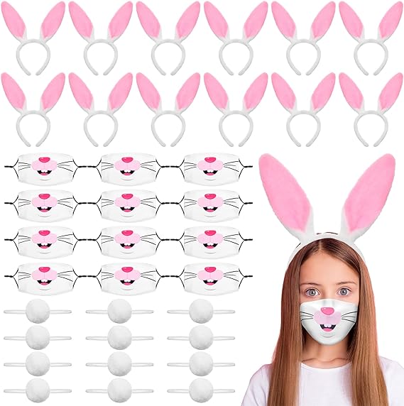 Photo 1 of 36 Pcs Bunny Costume Accessories Set for Halloween, Include Rabbit Bunny Ears Headband, Tail and Rabbit Face Masks for Kids Halloween Cosplay Party Dress up 