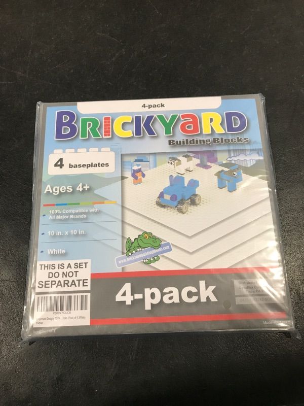 Photo 2 of Brickyard Building Blocks Lego Compatible Baseplate - Pack of 4 Large 10 x 10 Inch Base Plates for Toy Bricks, STEM Activities & Display Table - White White 4-pack