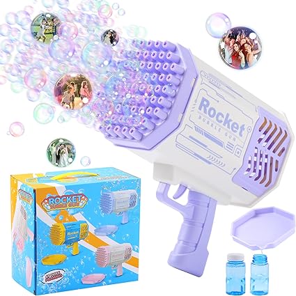 Photo 1 of Bubble Machine, Bazooka Bubble Gun, Bubbles Machine for Kids and Adults, 69 Holes with Colorful Lights Bubble Gun Toys Gifts, Suitable for Outdoor Family Activities Wedding Birthday Party Use - Purple 