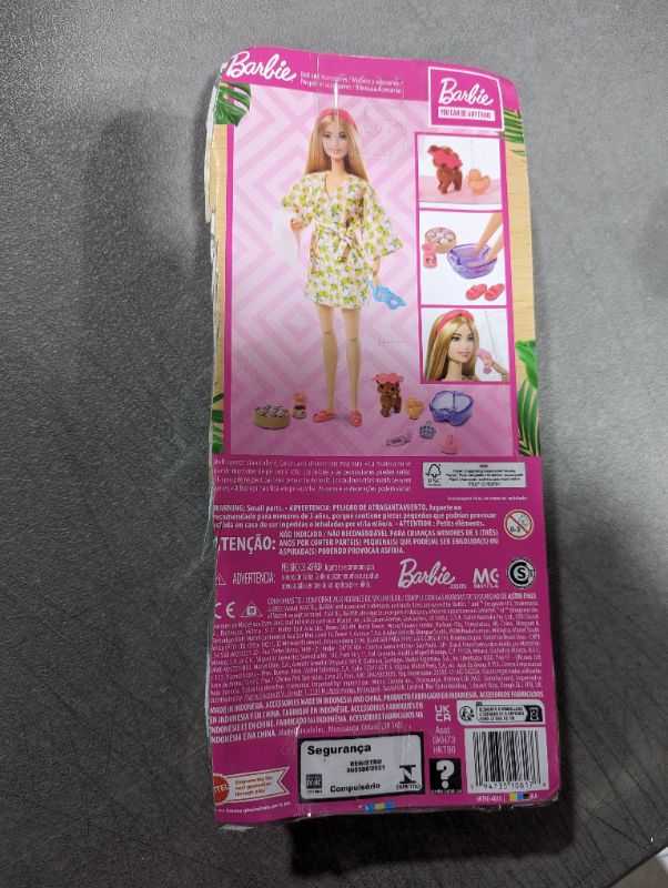 Photo 3 of Barbie Doll, Kids Toys, Blonde Doll with Pet Puppy, Sets, Spa Day, Lemon Print Bathrobe, Headband and Eye Mask, Self-Care Series