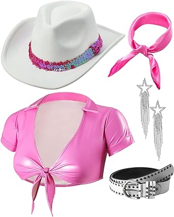 Photo 1 of Hicarer 5 Pcs Cowgirl Costume Women Roleplay Set T Shirt Cowboy Hat Buckle Belt Pendant Earrings for Halloween / size 2xl