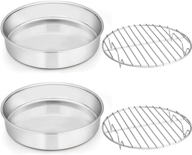 Photo 1 of E-far 8-inch Round Cake Pan with Rack Set, Stainless Steel Cake Pans Tins and Baking Cooling Racks, Non Toxic & Healthy, Mirror Polished & Dishwasher Safe - 4 Pieces (2 Pans + 2 Racks)
