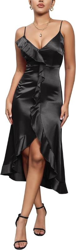 Photo 1 of [Size XL] KOJOOIN Women's V-Neck Spaghetti Strap Satin Ruffle Sexy Party Dress Wedding Cocktail Bodycon Midi Dress- Black