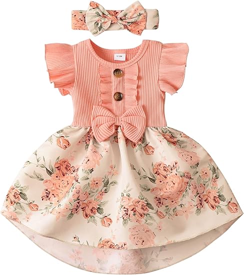 Photo 1 of [Size 0-3mo] Toddler Baby Girl Dress Floral Ruffle Sleeve Casual Beach Sundress Princess Skirt Clothes Summer Outfits Newborn Dresses 