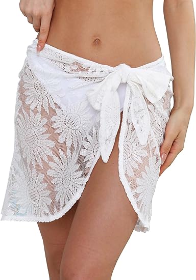 Photo 1 of [Size M] Wrotoria Women's White Swimwear Cover-Up Sheer Beach Lace Wrap Mini Skirt- White