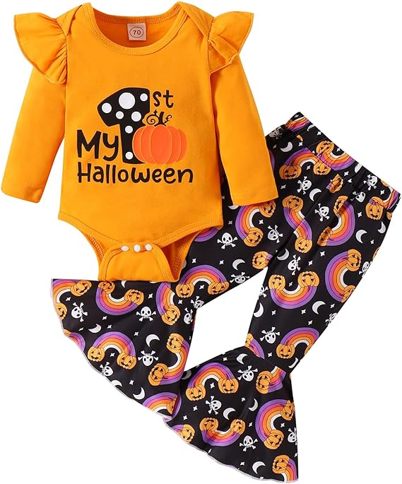 Photo 1 of [Size 6-12mo] Guodeunh Toddler Baby Girl Halloween Outfits Pumpkin Letter Long Sleeve Sweashirt Top Flannel Bell-Bottoms Fall Winter Clothes