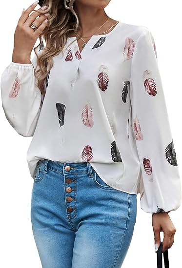 Photo 1 of [Size M] SOLY HUX Women's Notched Neck Bishop Long Sleeve Feather Print Blouse Tops 