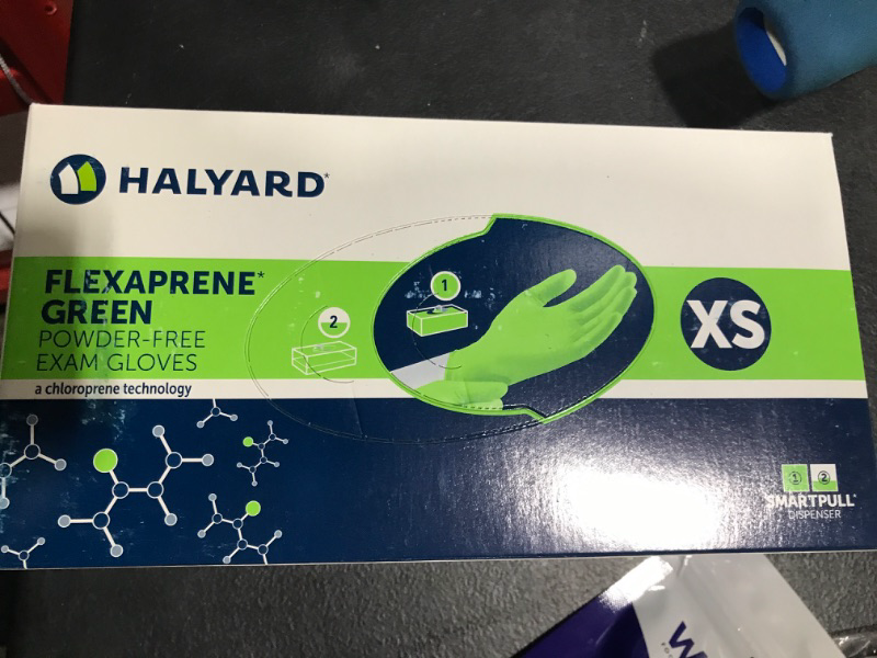 Photo 2 of [Size XS] HALYARD FLEXAPRENE Green Exam Gloves, Chloroprene Technology, Non-Sterile, Powder-Free, 3.5 mil, 9.5", Green, XSmall, 44793 (Box of 200)
