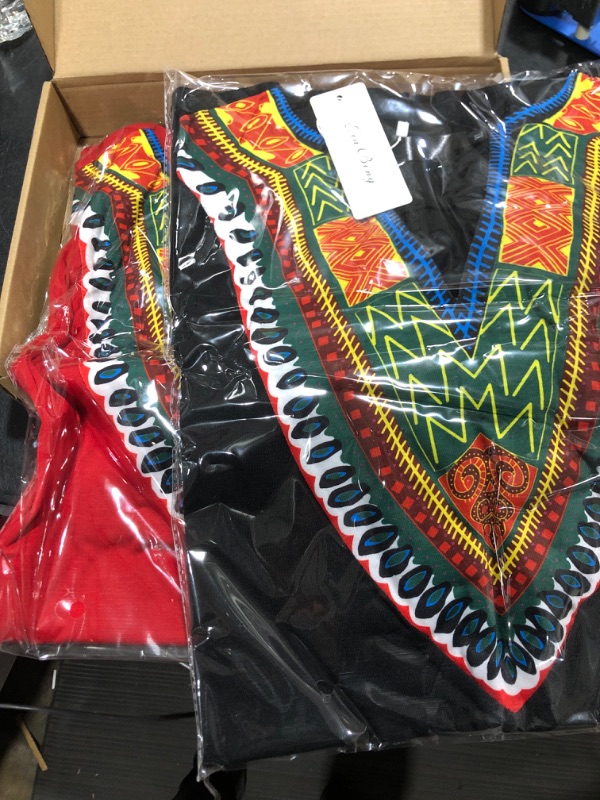 Photo 2 of 2 Pcs Mens African Dashiki T Shirt Floral Print V Neck Short Sleeve Shirt Tribal African Shirts Slim Fit Shirts Tops X-Large Red, Black