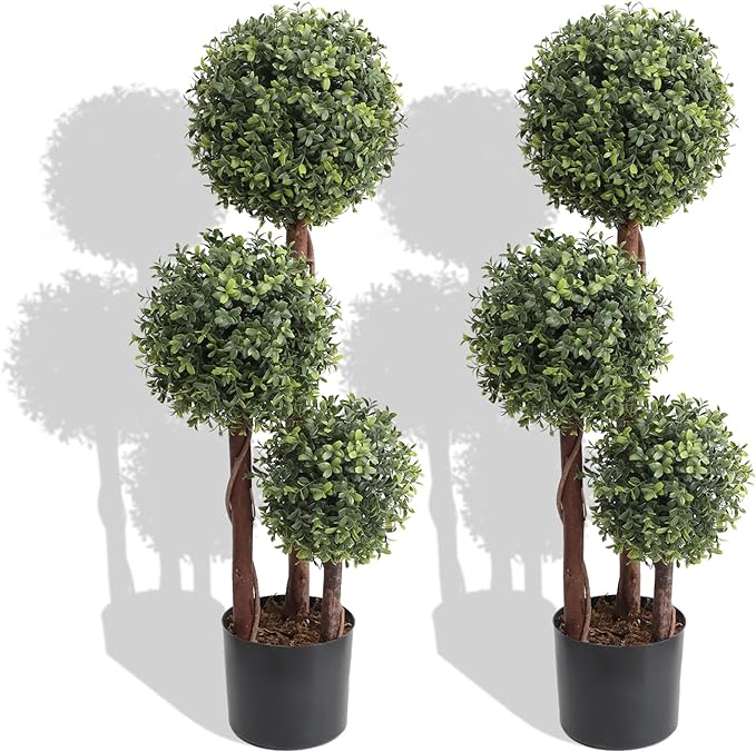 Photo 1 of 3ft Fake Topiaries Triple Ball Trees, Artificial Topiary Ball Tree Outdoor, 35inch Faux Boxwood Plants Potted Green Decorative Indoor or Garden (2 Pieces)
