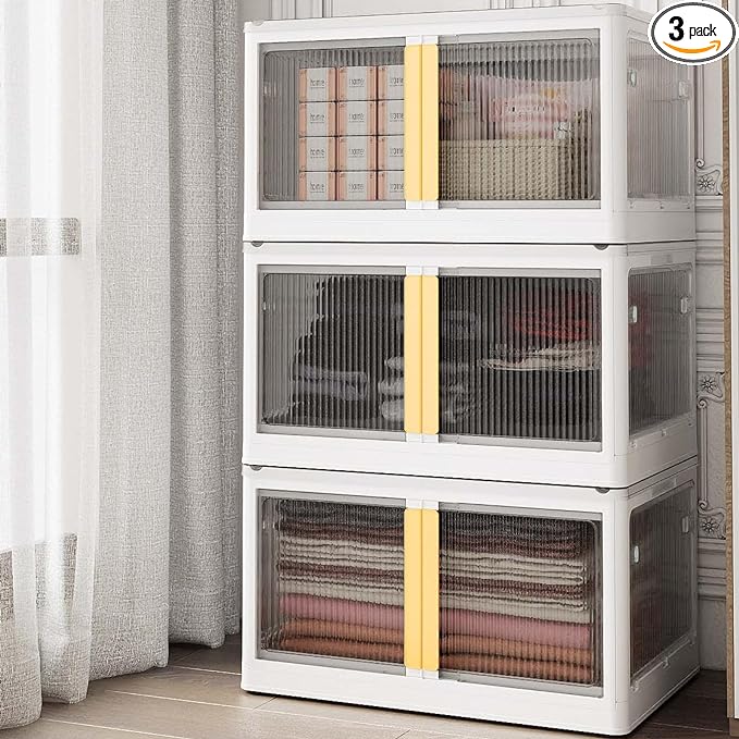 Photo 1 of 32 Gal Closet Organizers and Storage Upgrade Five-Doors Design, Stackable Collapsible Storage Bins with a Lid, Folding Foldable Storage Box with Doors for College Dorm Room, 3 Pack White+Gold Handle
