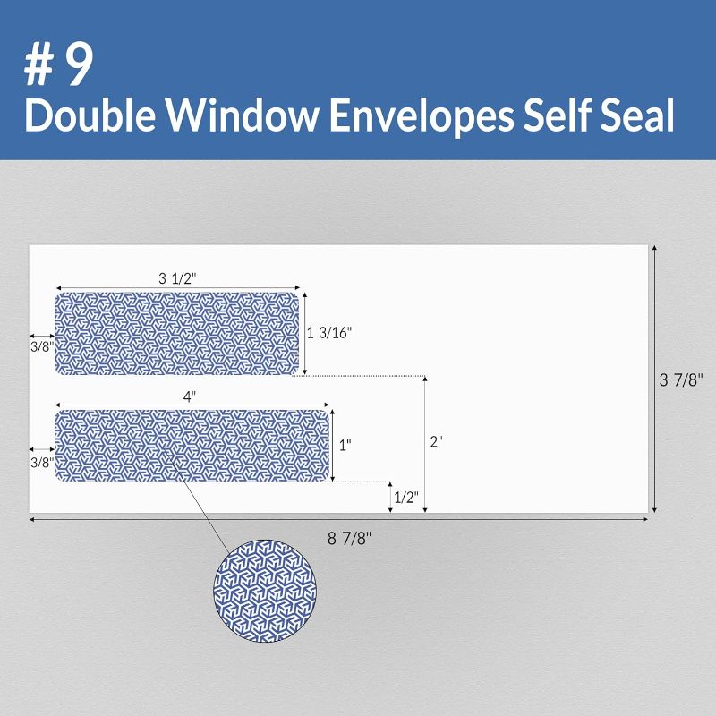 Photo 2 of 700 Pack #9 Double Window Envelopes Self-Seal - No. 9 Security Envelopes - for Invoices, Statements, and Documents - Size 3-7/8 x 8-7/8 Inches - White