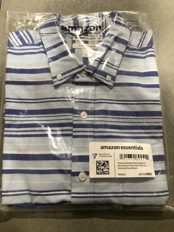 Photo 1 of Amazon Essentials Men's Regular-Fit Short-Sleeve Pocket Oxford Shirt size Medium Blue Horizontal Stripe