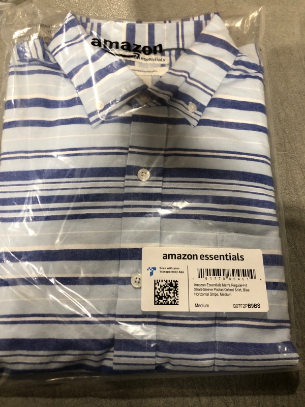 Photo 2 of Amazon Essentials Men's Regular-Fit Short-Sleeve Pocket Oxford Shirt Medium Blue Horizontal Stripe