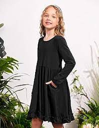 Photo 1 of Arshiner Girls Long Sleeve Cold Shoulder Tiered Ruffle Pleated Pockets Dress for 6-7YRS