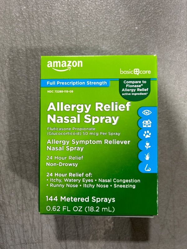 Photo 2 of Amazon Basic Care 24-Hour Allergy Relief Nasal Spray, Fluticasone Propionate (Glucocorticoid), 50 mcg, Full Prescription Strength, Non-Drowsy, 0.62 Fl Oz 0.62 Fl Oz (Pack of 1)