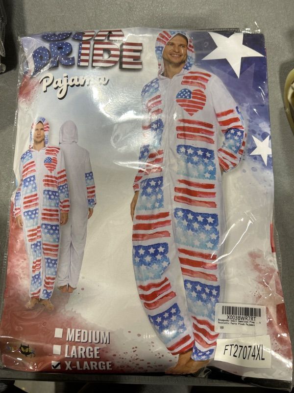 Photo 2 of EraSpooky Adult American Flag Costume Men USA Patriotic Party Plush Onesie Pajamas X-Large