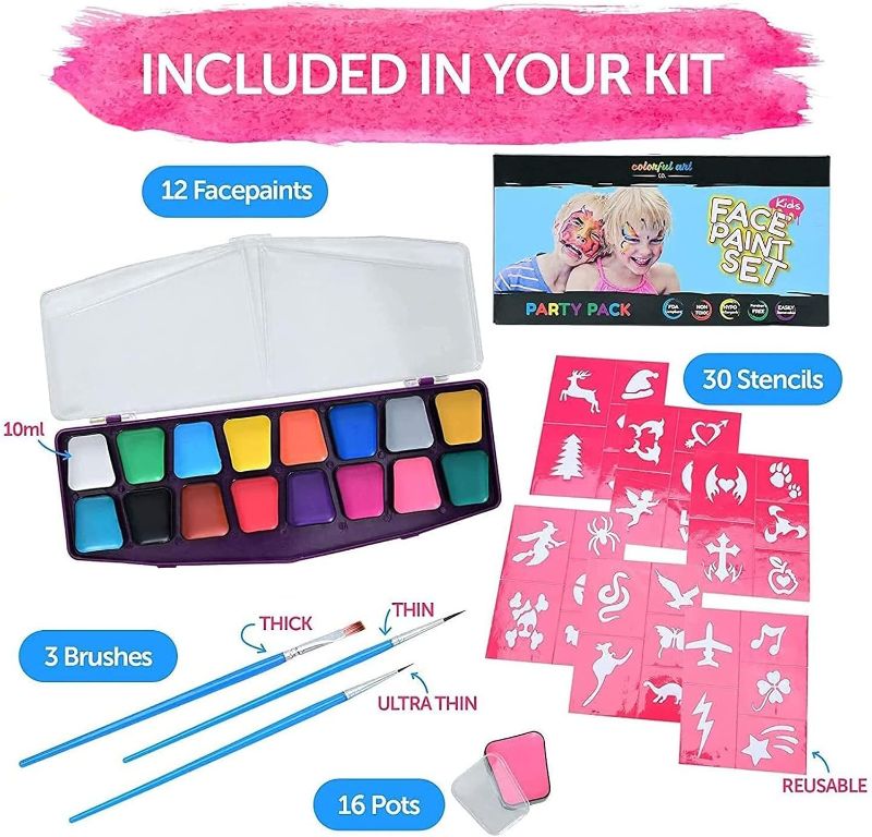 Photo 2 of Colorful Art Co. Face Paint Kit for Kids - Pack of 12 Water-Based Paints with 3 Painting Brushes and 30 Stencils - Palette for Cosplay, SFX, Party & Holiday Makeup?