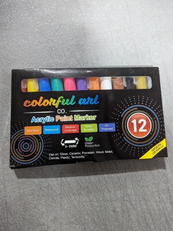 Photo 2 of Colorful Art Co. Acrylic Paint Pens – Permanent, Waterproof Pen 12 Pack w/Reversible 3-5mm Brush Tips – Painting Markers for Rocks, Wood, Glass, Ceramic & Stone - Craft Supplies