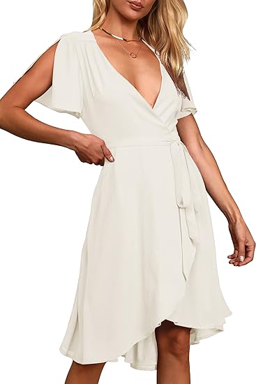 Photo 1 of Galawaqe Women's 2023 Fashion Wrap Aline Dresses Deep V-Neck Short Sleeve Tie Swing Ruffle Hem Bohemian Midi Dresses- unknown size
