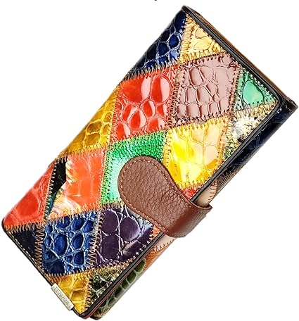 Photo 1 of Aslana Women's Genuine Leather Wallet Patent Leather Retro Vintage Patchwork Embossed Flower Floral Wristlet Clutch Bag (Long, Long, Trifold Patent Leather Diamond)
