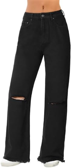 Photo 1 of Genleck Black Women Knee Ripped Jeans Wide Leg Baggy Y2K Straight Pants- size 10
