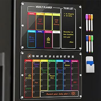 Photo 1 of Relx Magnetic Acrylic Calendar for Fridge, 2 Pack Clear Acrylic Magnetic Dry Erase Planning Board Set, Monthly & Weekly Calendar for Refrigerator, Includes 6 Colored Markers, Magnetic Holder, Eraser
