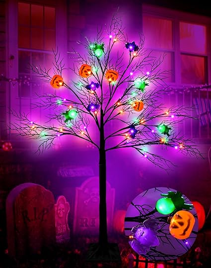 Photo 1 of 4 Ft Orange & Purple Black Halloween Lighted Tree Decor with 8 Modes 56 LED with 3D Lighted 12 Pumpkin & Bats & Spiders Spooky Ornament Black Twig Artificial Tree Halloween Decorations Outdoor Indoor
